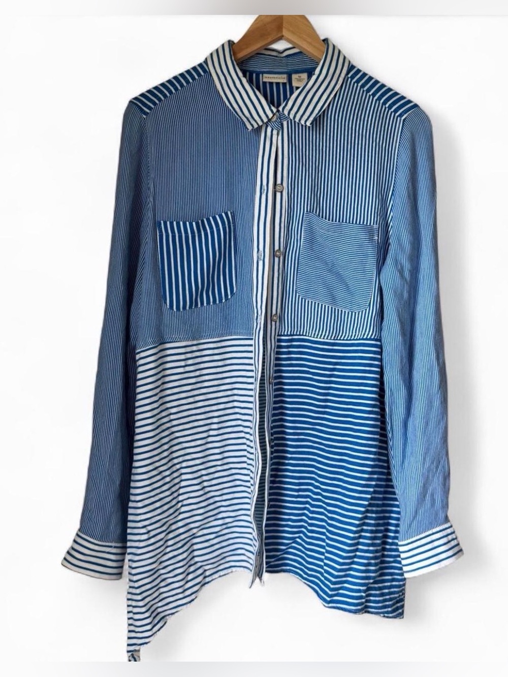 Westbound Nautical Beachy Striped Patchwork Boho Button Down Blouse